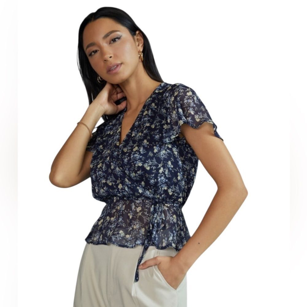 Womens Sheer Navy Floral Peasant Top Size S Flutter Sleeve Fairy Cottagecore - Picture 2 of 8
